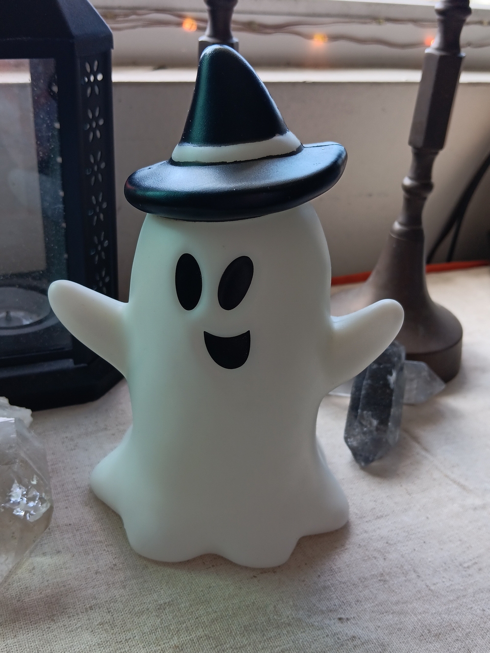 White Ghost Figurine with Black Witch Hat - Seasonal Home Accent